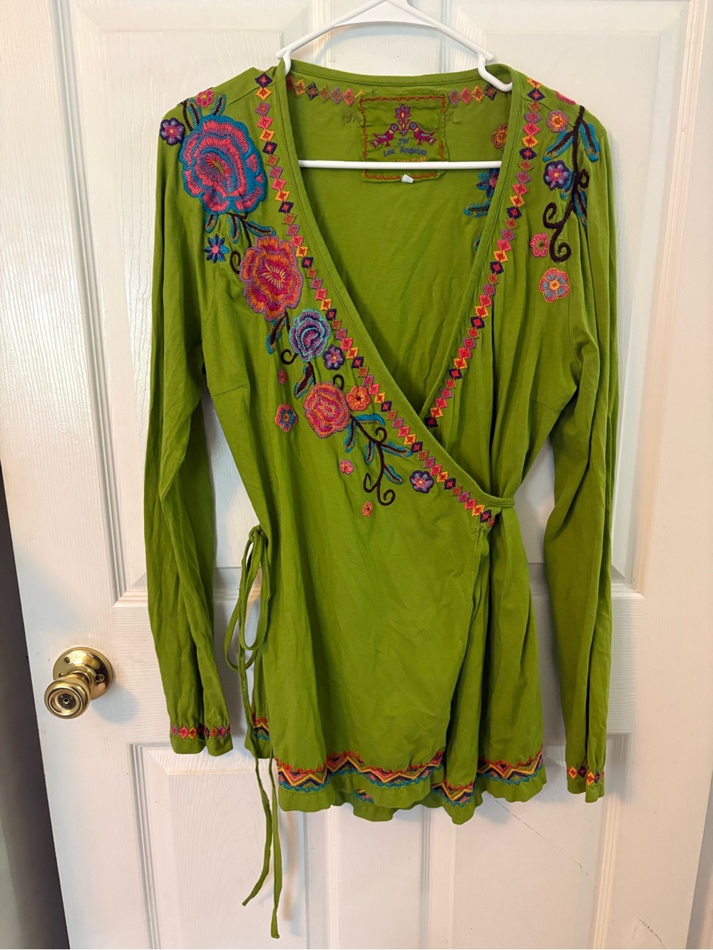 Johnny Was Green Embroidered Wrap Top
